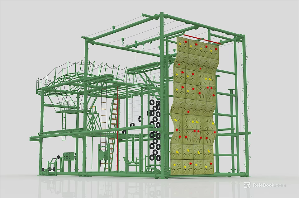 Green Multi Level Climbing Tower With Climbing Wall Ladders And Safety Nets 3d model