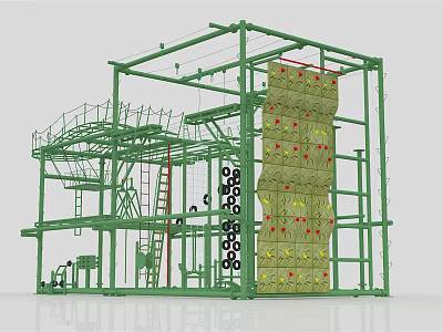 Green Multi Level Climbing Tower With Climbing Wall Ladders And Safety Nets 3d model