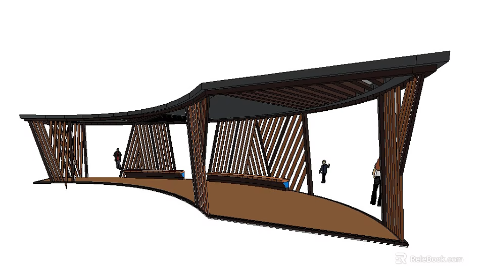 Wooden Pergola With Geometric Design And Curved Structure For Outdoor Space 3d model 