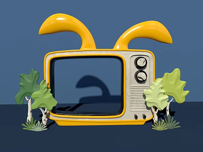 Vintage Yellow TV Photo Spot with Rabbit Ears Green Trees and Blue Background 3d model
