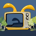 Vintage Yellow TV Photo Spot with Rabbit Ears Green Trees and Blue Background