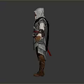Man in Hooded Red and White Outfit with Cloak and Boots