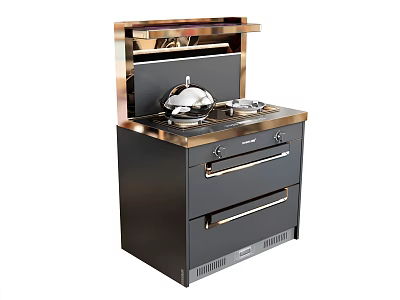 Modern Black Gold Integrated Kitchen Appliance With Cooktop Range Hood And Drawers 3d model
