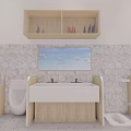 Kindergarten Bathroom Interior With Wooden Shelves Hexagonal Tile Wall Double Sink Vanity And Mirror