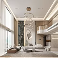 Modern Living Dining Room Interior With Circular Chandelier Marble Wall And Floor To Ceiling Windows
