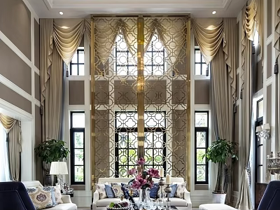 Luxurious Duplex Living Room With Golden Lattice Screen Chandelier Curtains And Tall Windows 3d model