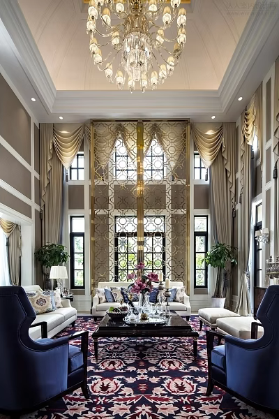 Luxurious Duplex Living Room With Golden Lattice Screen Chandelier Curtains And Tall Windows 3d model