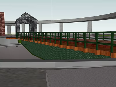 Architectural Landscape Structure With Green Railings Wooden Base Arched Stone Building Columns And Pavement 3d model
