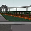 Architectural Landscape Structure With Green Railings Wooden Base Arched Stone Building Columns And Pavement