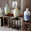 Traditional Ceramic Vases With Decorative Designs On Wooden Stands For Interior