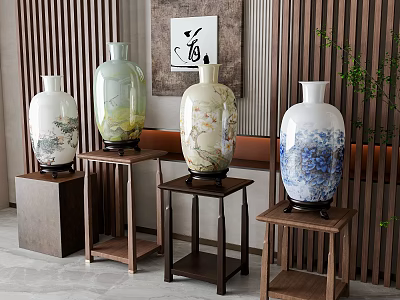 Traditional Ceramic Vases With Decorative Designs On Wooden Stands For Interior 3d model