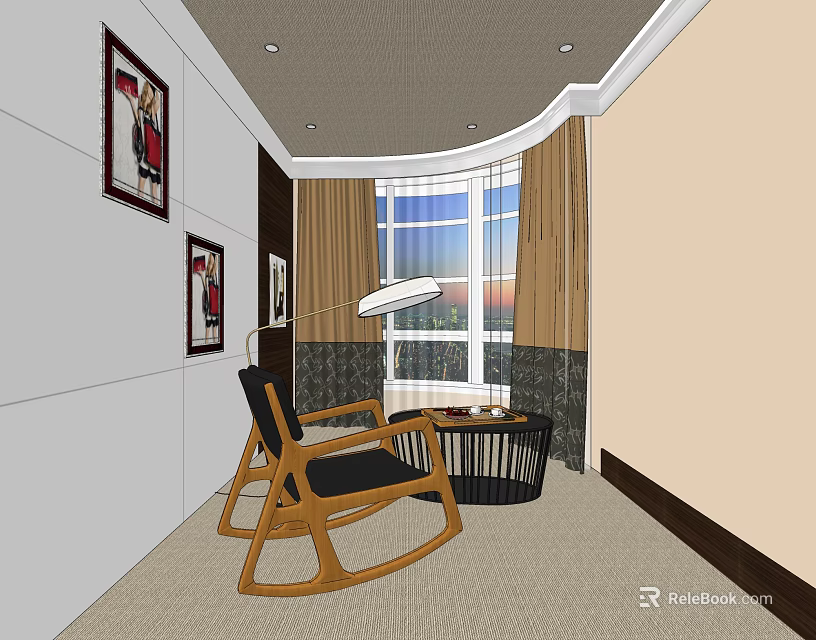 Leisure Room Interior Design With Rocking Chair Floor Lamp Window And Wall Paintings 3d model 