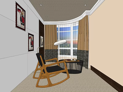 Leisure Room Interior Design With Rocking Chair Floor Lamp Window And Wall Paintings 3d model