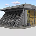 Cartoon Scene Of Industrial Style Gray Building With Yellow Pipes And Metal Door