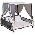 Outdoor Double Bed With White Canopy Curtains Wicker Frame And White Cushions