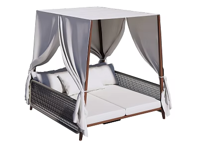 Outdoor Double Bed With White Canopy Curtains Wicker Frame And White Cushions 3d model