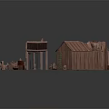 Dilapidated Wooden Houses with Various Structures and Scattered Wooden Components in Ruined Architectural Setup 3d model