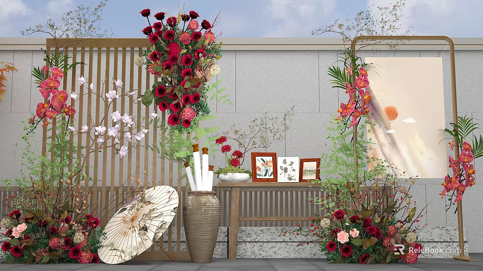 Elegant Floral Installation With Red Roses White Flowers Green Plants And Wooden Screen 3d model 