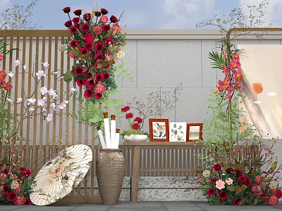 Elegant Floral Installation With Red Roses White Flowers Green Plants And Wooden Screen 3d model