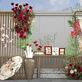 Elegant Floral Installation With Red Roses White Flowers Green Plants And Wooden Screen