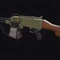 Military Green Machine Gun With Wooden Stock Bipod And Ammunition Belt