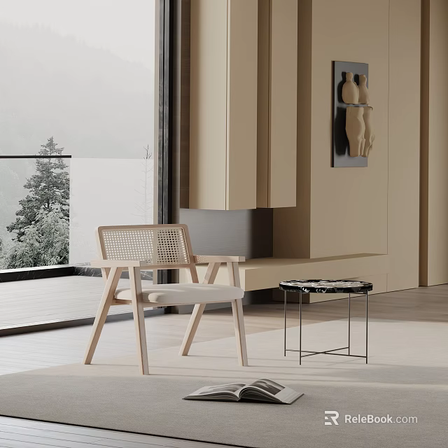 Modern Woven Leisure Chair With Wooden Frame And Side Table By Large Window Natural View 3d model 
