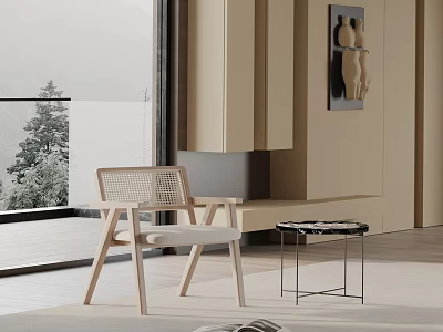 Modern Woven Leisure Chair With Wooden Frame And Side Table By Large Window Natural View 3d model