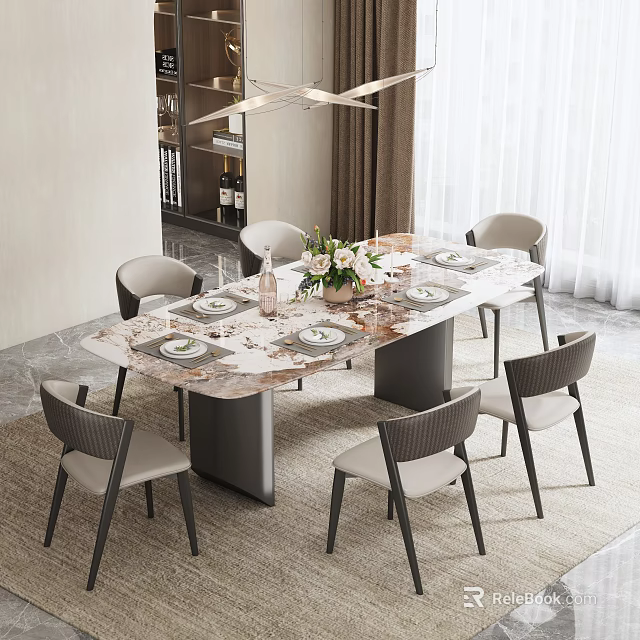 Modern Dining Table Set With Marble Top Six Grey Black Chairs And Fresh Flower Arrangement 3d model 