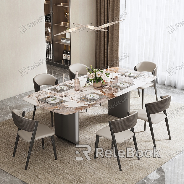 The scene of the restaurant marble metal dining table dining chair combination tableware table bouquet model