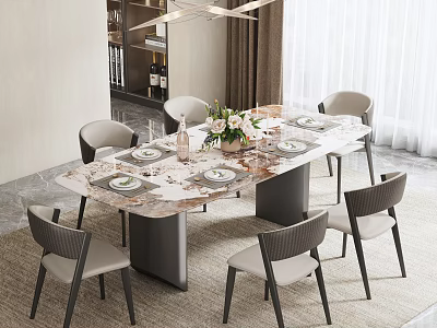 Modern Dining Table Set With Marble Top Six Grey Black Chairs And Fresh Flower Arrangement 3d model