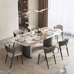 The scene of the restaurant marble metal dining table dining chair combination tableware table bouquet 3d model