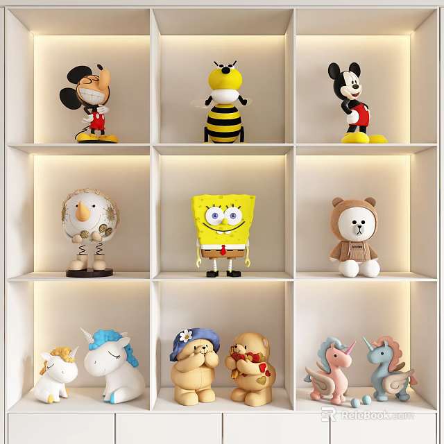 Cute Cartoon Dolls Display On White Grid Shelf With Various Characters 3d model