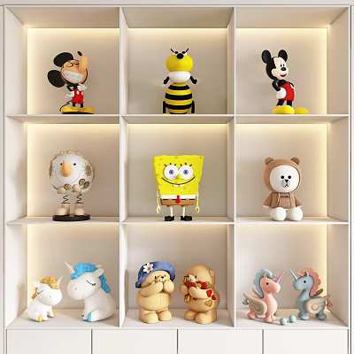 Cute Cartoon Dolls Display On White Grid Shelf With Various Characters 3d model