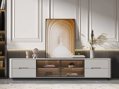 Modern White TV Stand With Glass Doors Drawers And Abstract Wall Art Decor 3d model