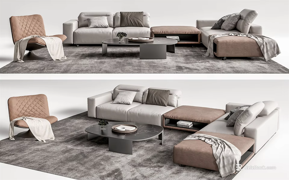 Modern Sofa and Coffee Table Set with Neutral Tones Pillows and Throw Blankets 3d model