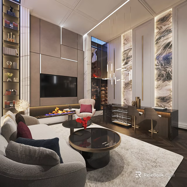 Modern Bar Area With Sleek Counter Stylish Stools And Elegant Lighting 3d model