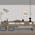 Natural Tones Tea Room With Wooden Table Tea Sets Stools Wall Painting And Green Plant