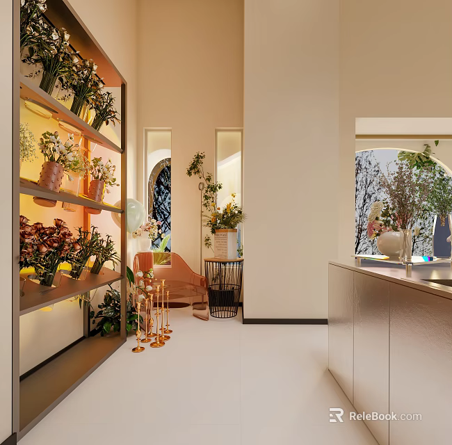 Elegant Floral Specialty Store With Fresh Flower Bouquets Green Plants And Decorative Shelves 3d model 
