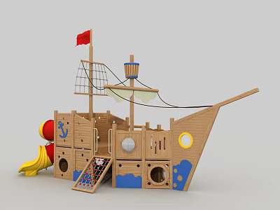 Wooden Pirate Ship Play Structure with Red Flag Net Slide and Round Windows 3d model