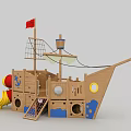 Wooden Pirate Ship Play Structure with Red Flag Net Slide and Round Windows