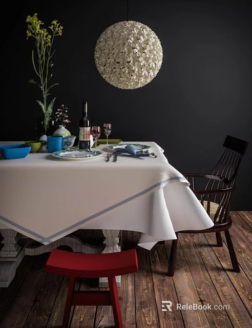 Elegant Dining Table Set With White Tablecloth Vase Wine Glasses And Chair 3d model 