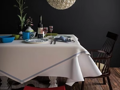 Elegant Dining Table Set With White Tablecloth Vase Wine Glasses And Chair 3d model