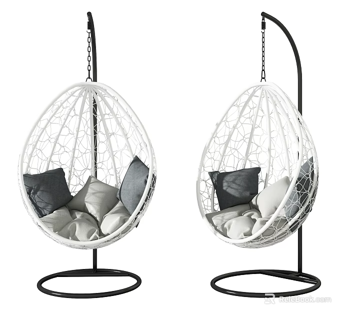 White Egg Shaped Wicker Hanging Chair with Black Stand and Gray White Cushions 3d model 