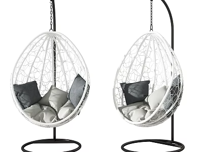 White Egg Shaped Wicker Hanging Chair with Black Stand and Gray White Cushions 3d model