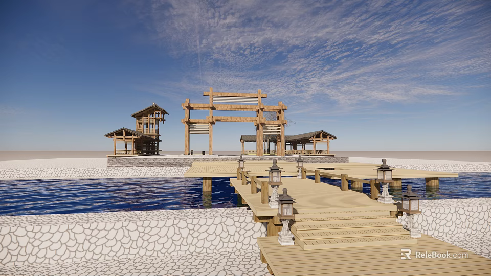 Traditional Chinese Archway With Blue Sky Wooden Pier Stone Lanterns And Pavilions 3d model 