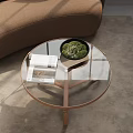 Modern Living Room Interior with Brown Curved Sofa Round Coffee Table and White Armchair