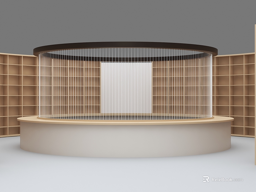 Elegant Book Art Display Interior With Circular Stand And Wooden Bookshelves 3d model 
