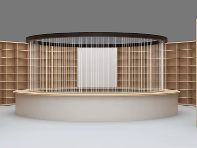 Elegant Book Art Display Interior With Circular Stand And Wooden Bookshelves 3d model