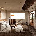Modern Living Room Interior With Wooden Ceiling Sofa Rug And Large Windows