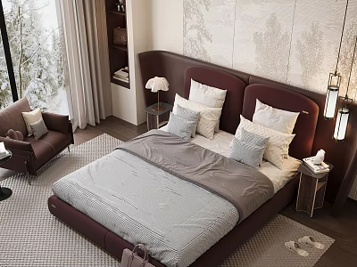 Elegant Bedroom Interior With Maroon Headboard Gray Bedding White Pillows And Armchair 3d model